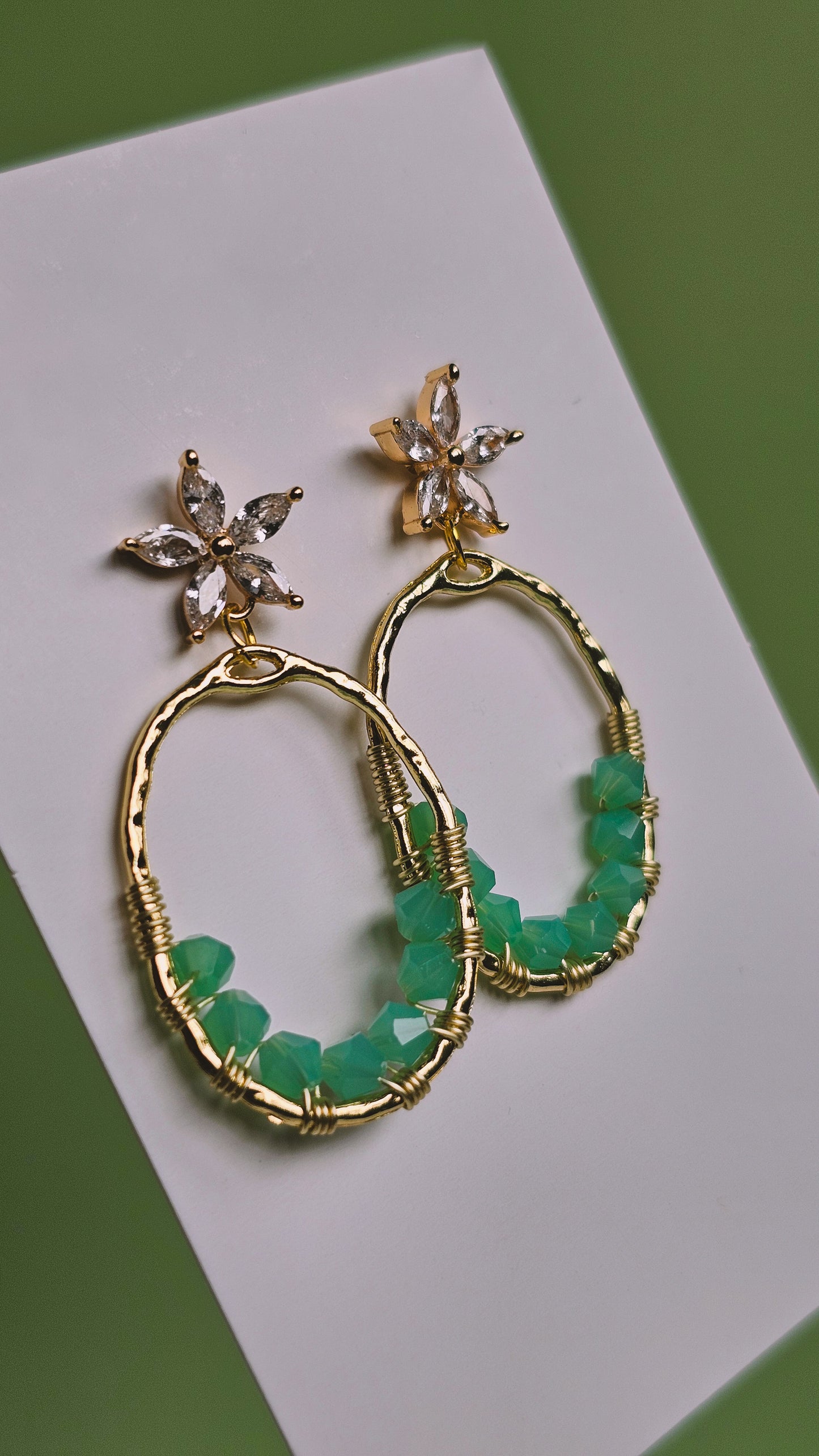 Mossy Beach, Cubic Zirconia, Bring Me to the Beach, Wire Wrapped Earrings, Glass
