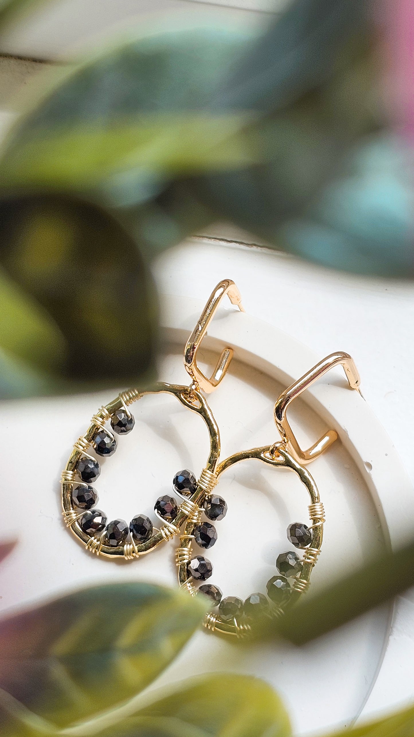 The Black Light Earrings, Crystal Glass, Wire Wrapped Earring, Hoops