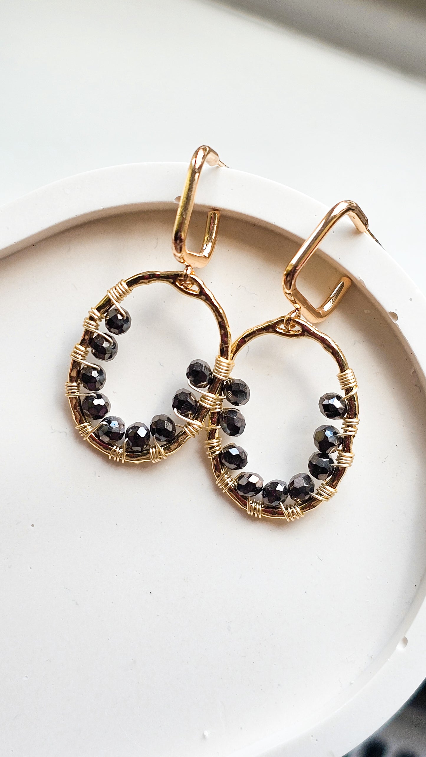 The Black Light Earrings, Crystal Glass, Wire Wrapped Earring, Hoops