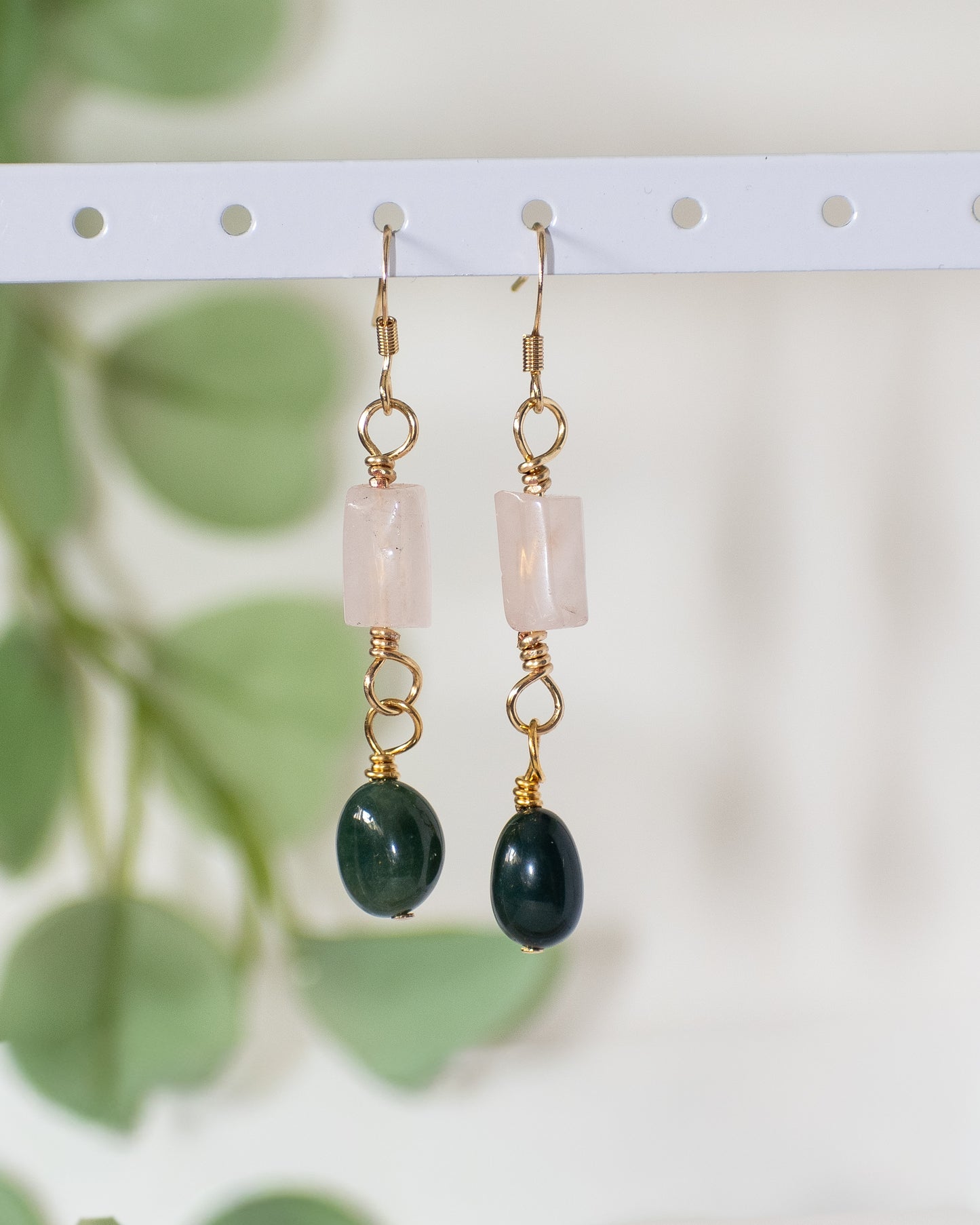 Gemstone Drop: Green Moss Gemstone, Pink Quartz Daily Wear Earrings