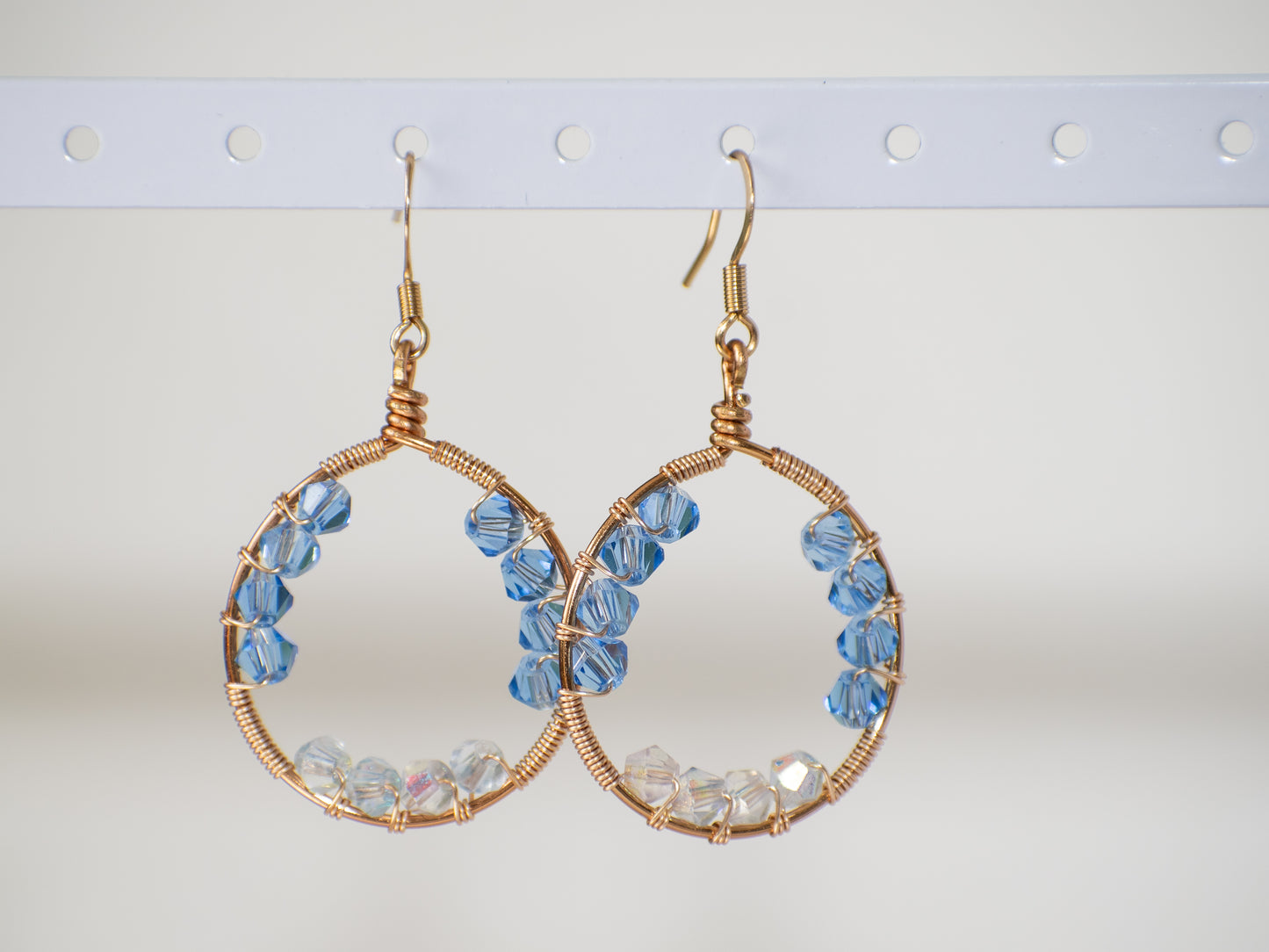 Blue Bell: Wire Wrapped Blue and Clear Crystal Glass Earrings