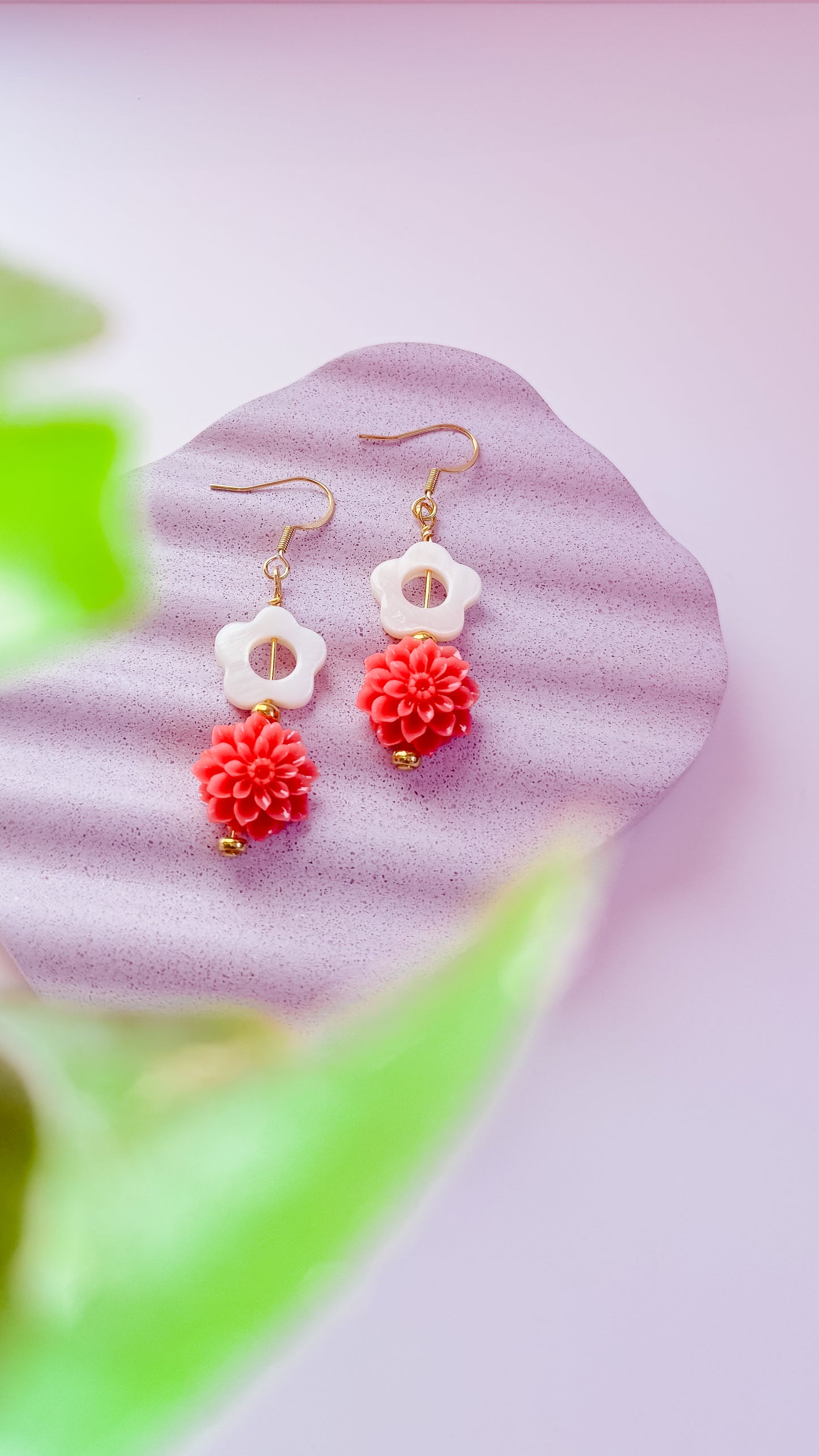 Mixed Media Florals Resin, Seashell and 18k Gold Plated Earrings