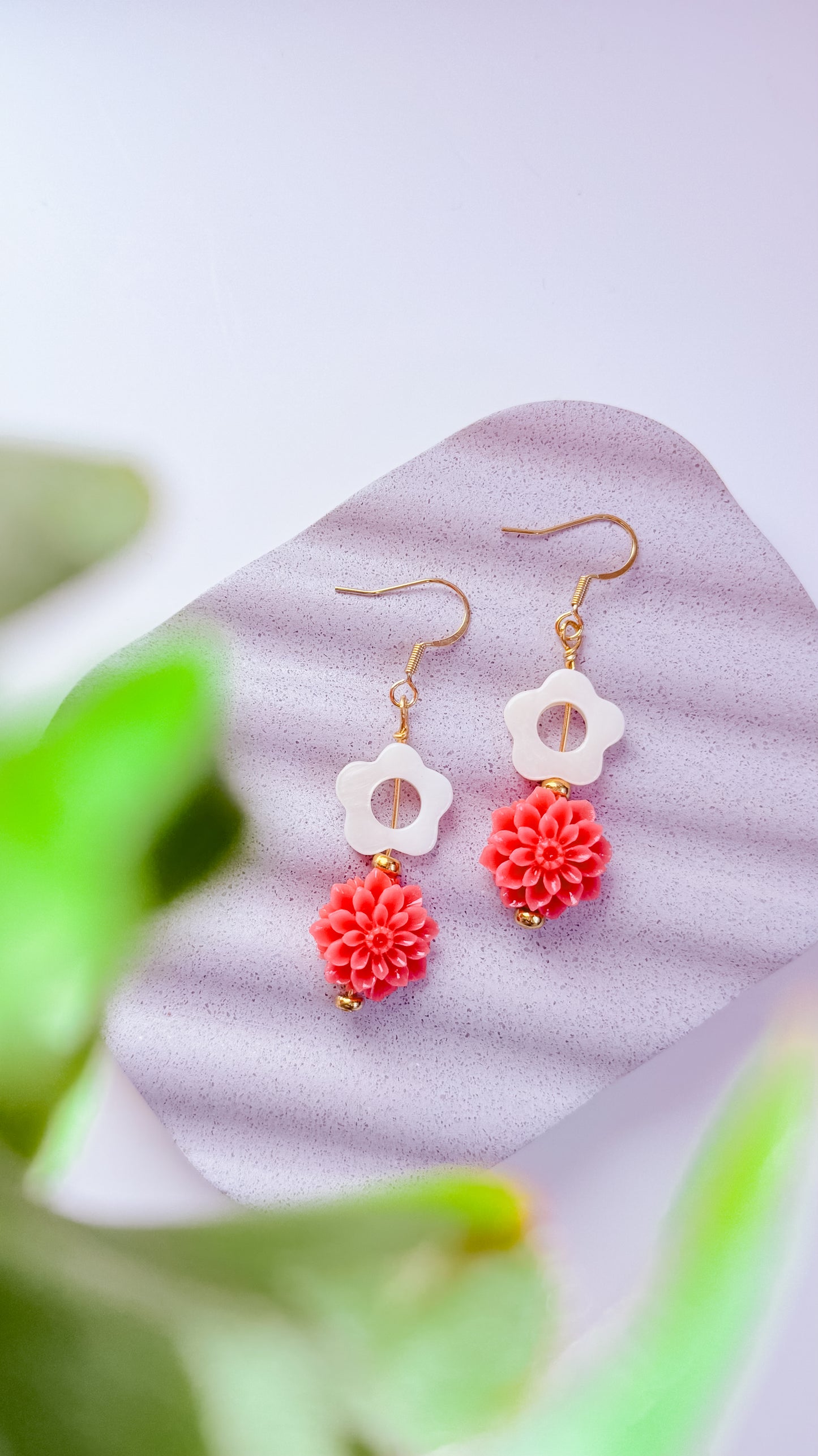 Mixed Media Florals Resin, Seashell and 18k Gold Plated Earrings