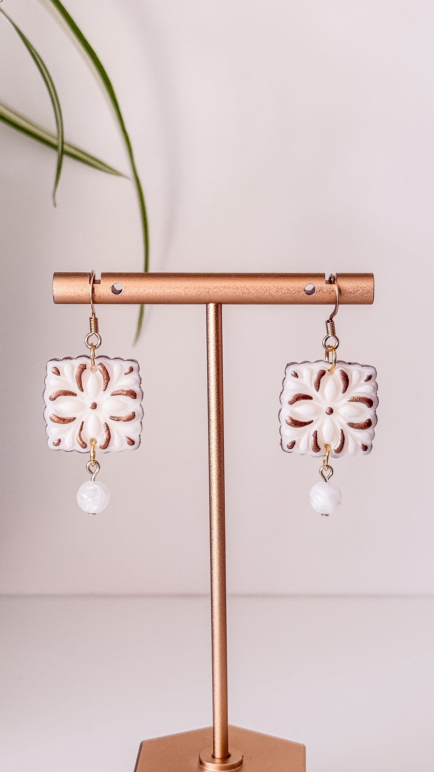 Art Deco Bridal Polymer Clay Earrings, 24k Gold Plated Sterling Steel