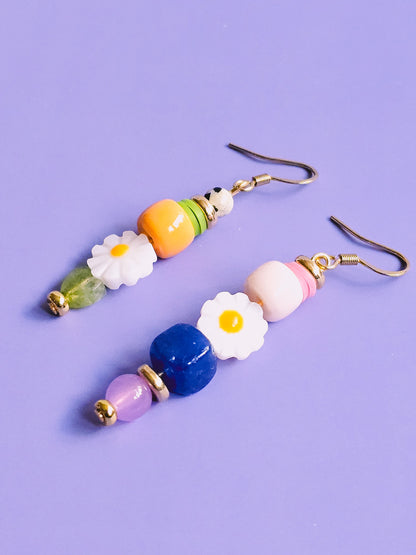 Floral Ecstasy Glass, Resin, Milifiore Glass and Gemstone Drop Earrings