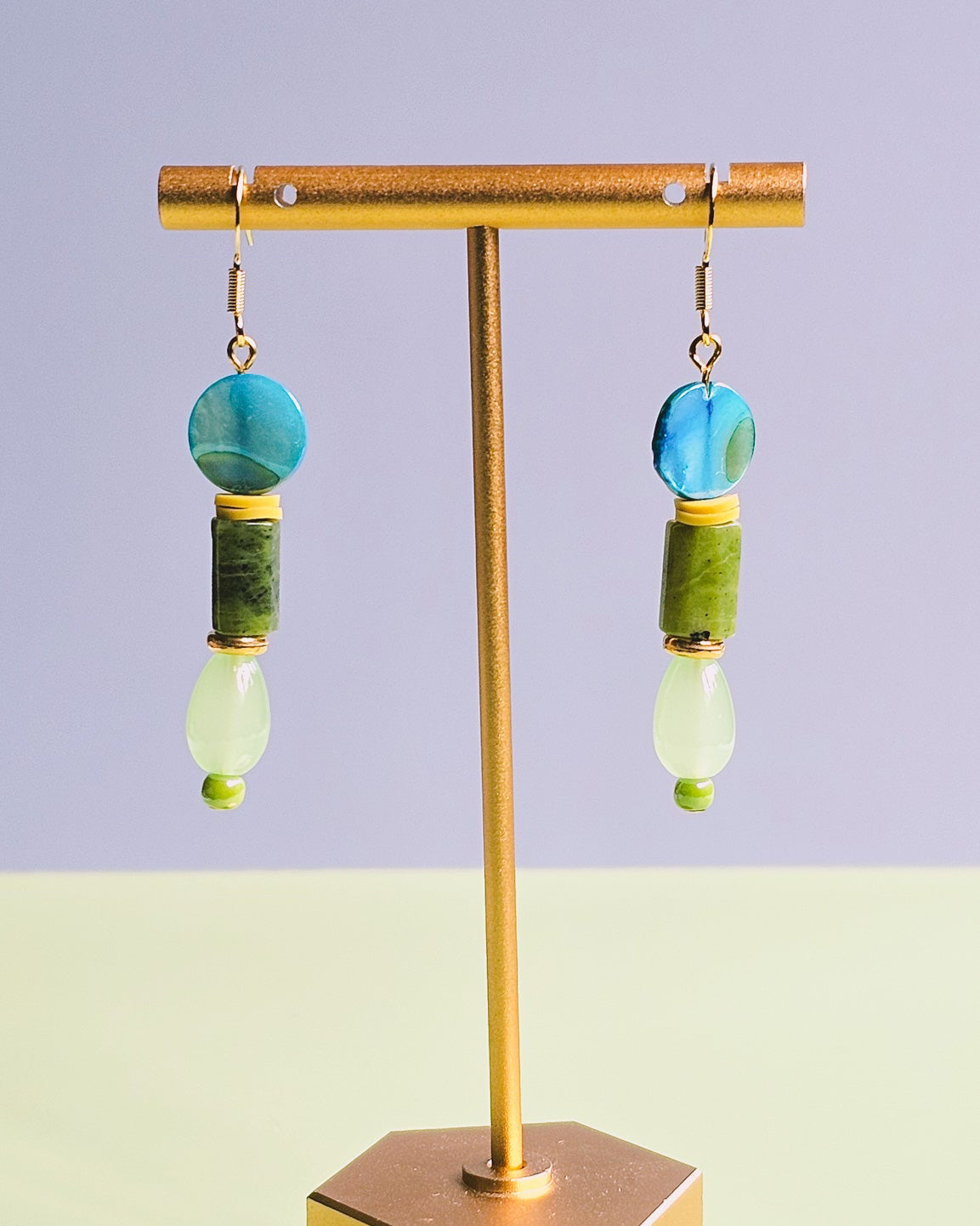 Blue Seashell, Green Semi Precious Gemstone and Glass Dangle Earrings