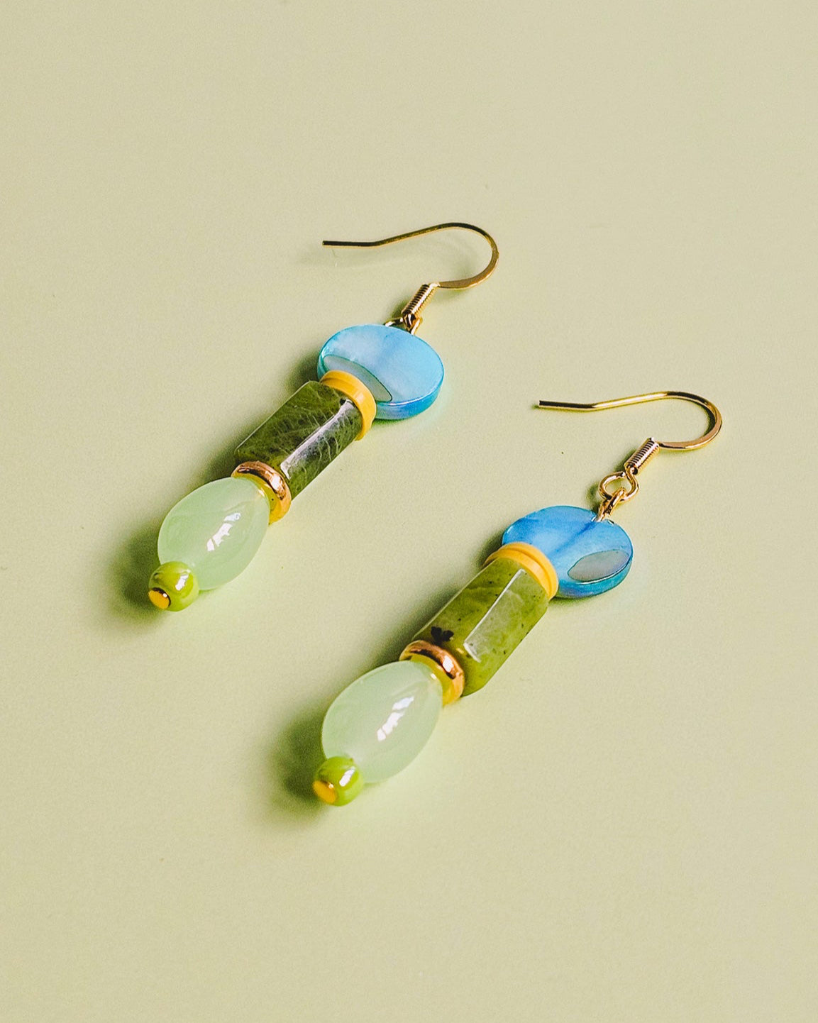 Blue Seashell, Green Semi Precious Gemstone and Glass Dangle Earrings