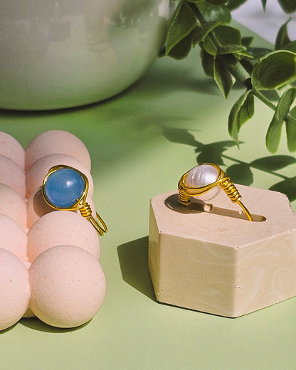 Bring Me to the Beach Wire Wrapped Rings, Semi Precious Gemstone, Freshwater Pearl, Sized to Fit