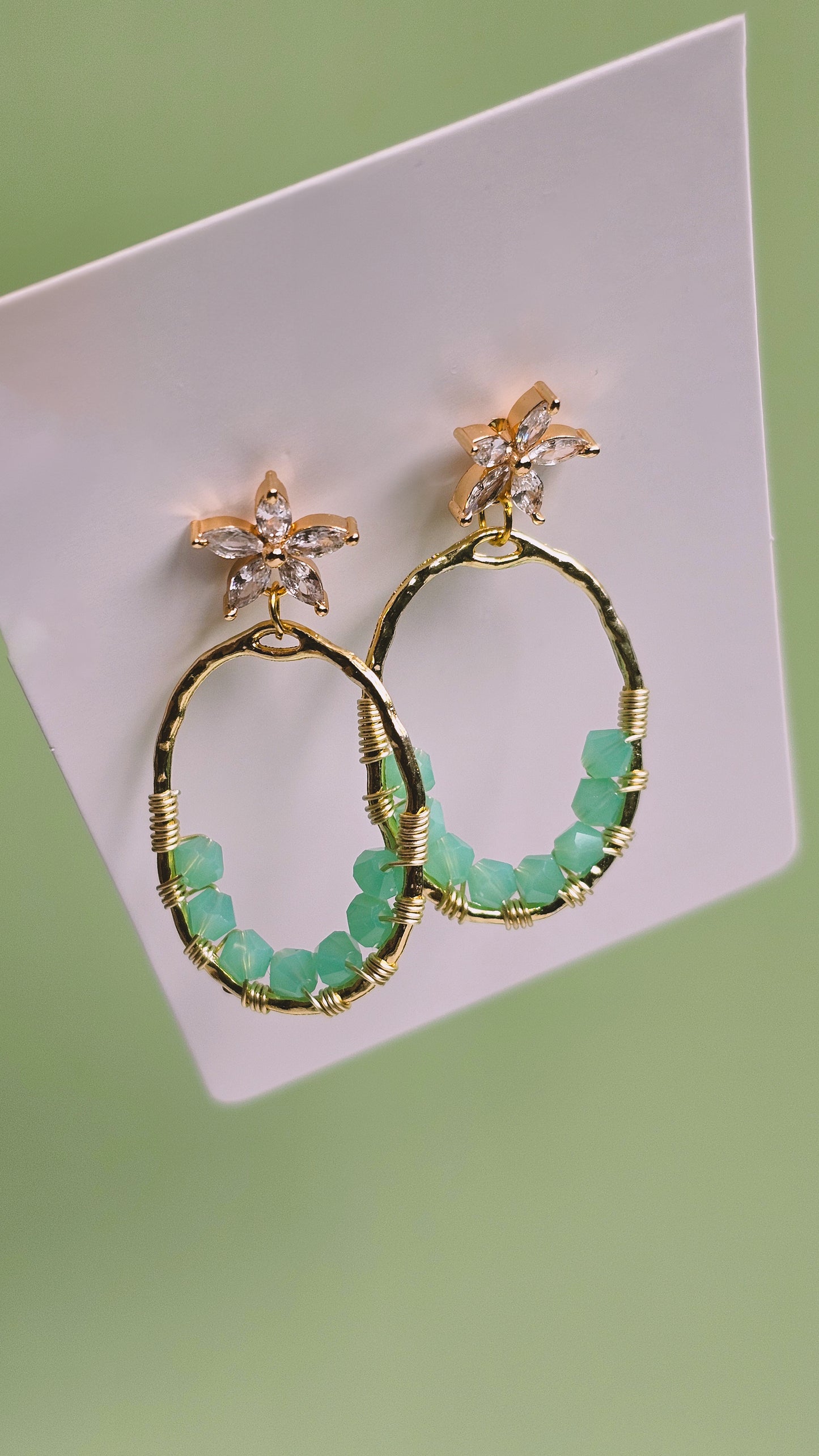 Mossy Beach, Cubic Zirconia, Bring Me to the Beach, Wire Wrapped Earrings, Glass