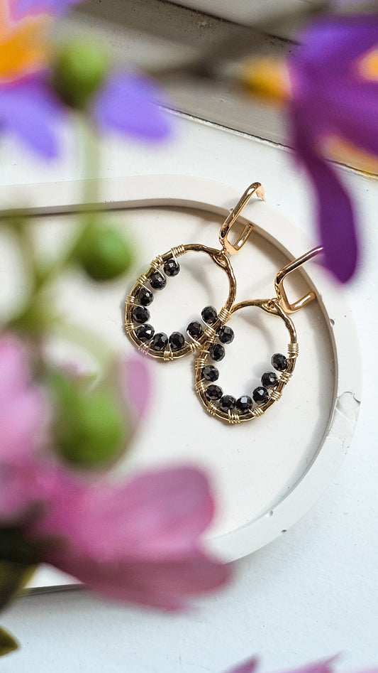 The Black Light Earrings, Crystal Glass, Wire Wrapped Earring, Hoops