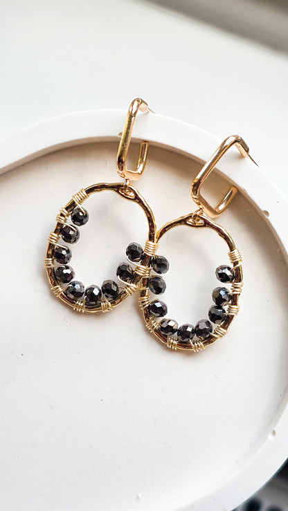 The Black Light Earrings, Crystal Glass, Wire Wrapped Earring, Hoops