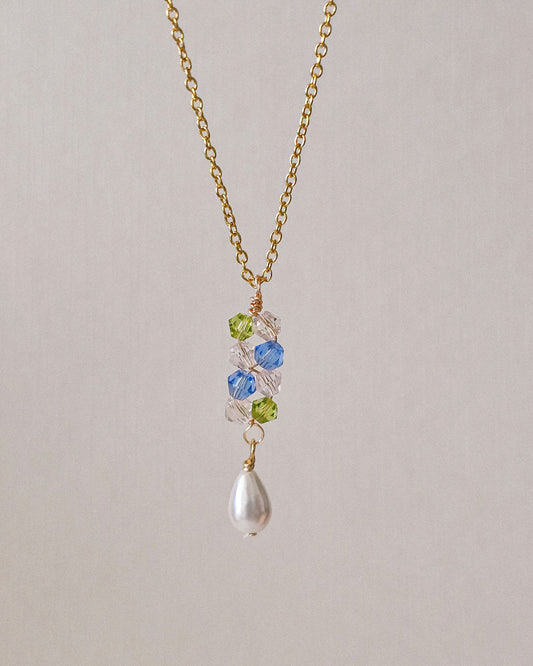 Petal & Puddles, Pearl Wire Wrapped Glass Necklace, Spring Jewellery, Stainless Steel