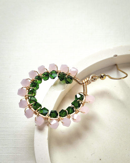 Primrose ✦ Double Wrapped Unique Glass Jewellery, Pink & Green Toned Earrings