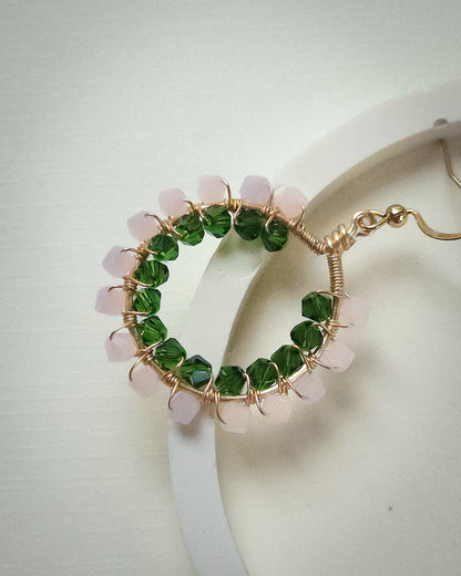 Primrose ✦ Double Wrapped Unique Glass Jewellery, Pink & Green Toned Earrings