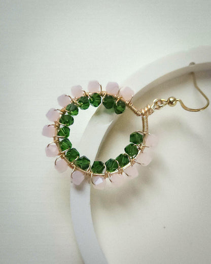Primrose ✦ Double Wrapped Unique Glass Jewellery, Pink & Green Toned Earrings