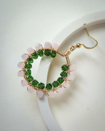 Primrose ✦ Double Wrapped Unique Glass Jewellery, Pink & Green Toned Earrings