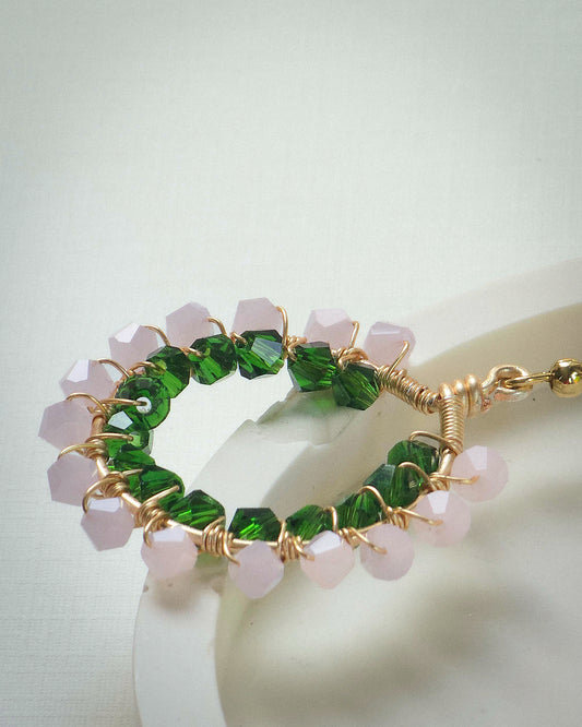 Primrose ✦ Double Wrapped Unique Glass Jewellery, Pink & Green Toned Earrings