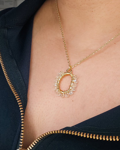 Elektra Glass Crystal Pendant Necklace | Handmade Wire-Wrapped Oval | 18k Gold Plated