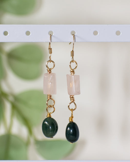 Gemstone Drop: Green Moss Gemstone, Pink Quartz Daily Wear Earrings