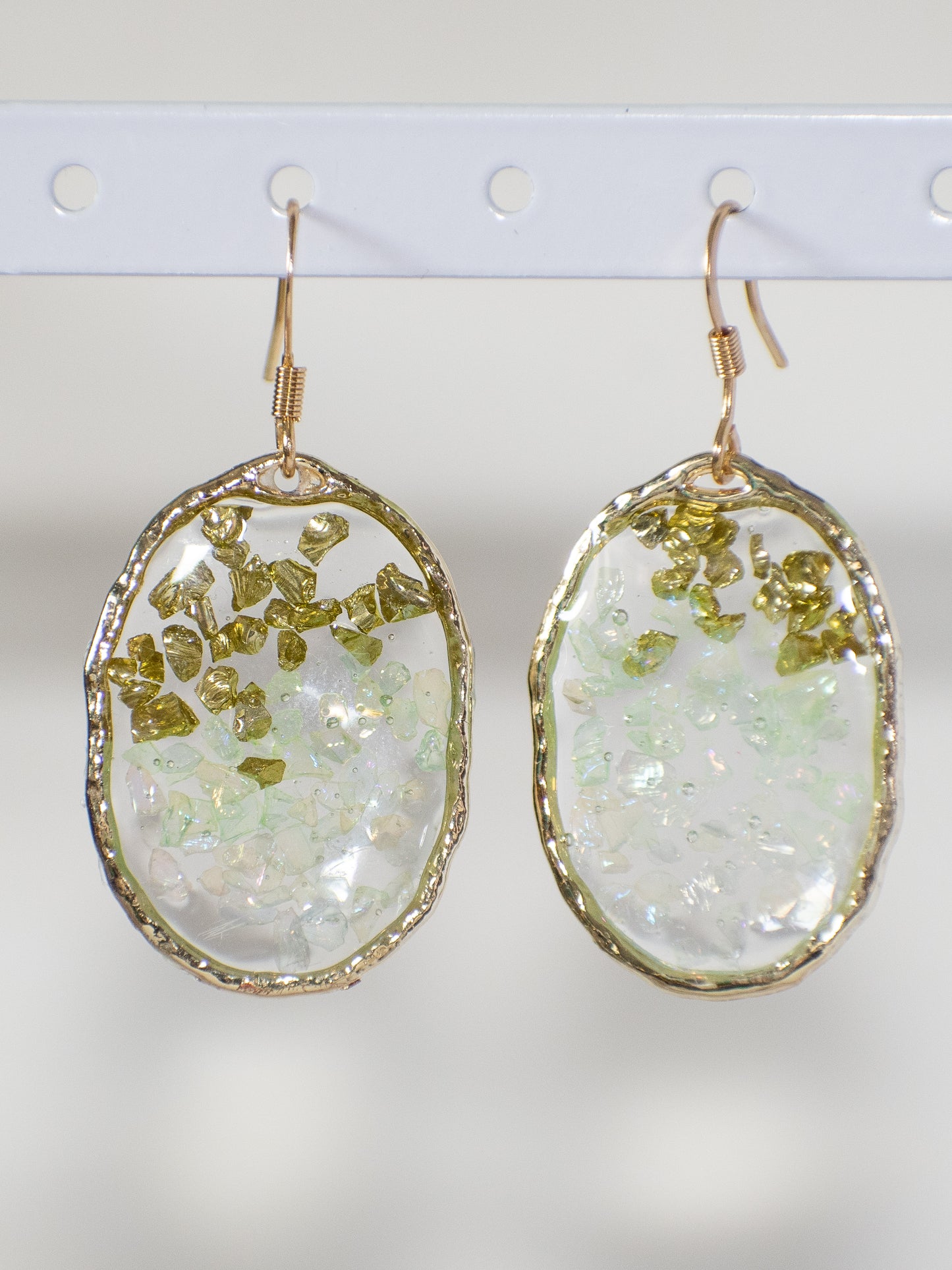 Golden Moss: Handcrafted Gold Resin Oval Earrings with Iridescent Crushed Glass & Olive Shards