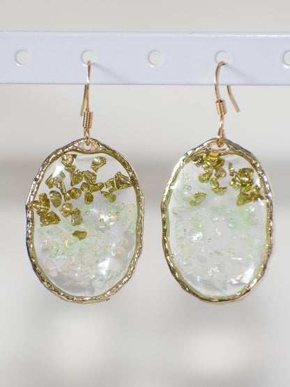 Golden Moss: Handcrafted Gold Resin Oval Earrings with Iridescent Crushed Glass & Olive Shards