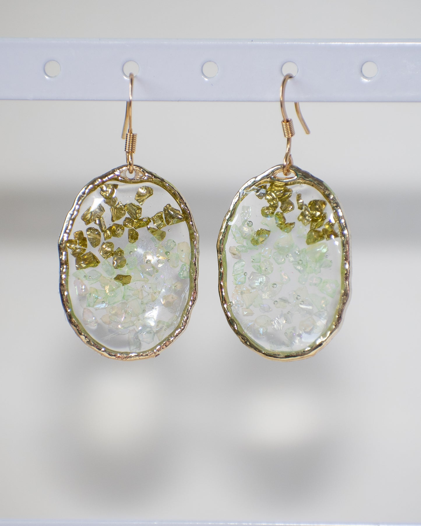 Golden Moss: Handcrafted Gold Resin Oval Earrings with Iridescent Crushed Glass & Olive Shards