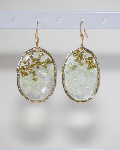 Golden Moss: Handcrafted Gold Resin Oval Earrings with Iridescent Crushed Glass & Olive Shards