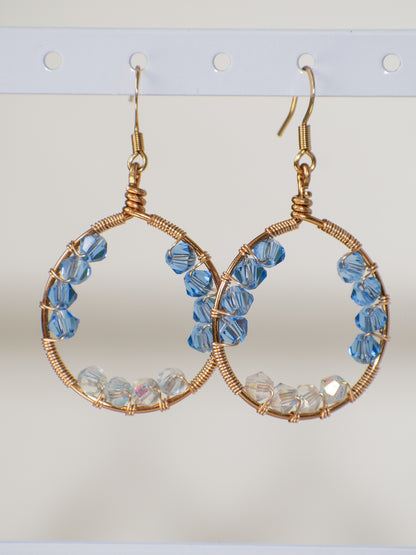 Blue Bell: Wire Wrapped Blue and Clear Crystal Glass Earrings