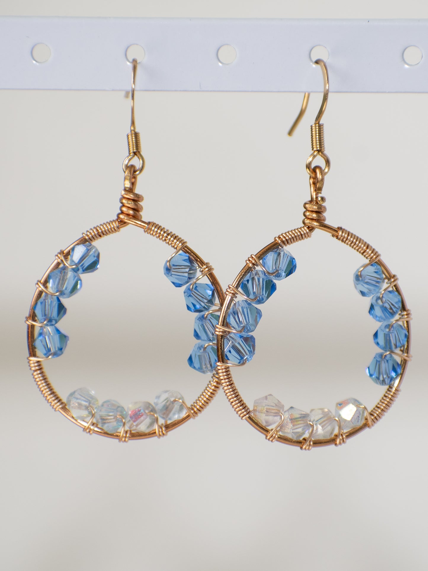 Blue Bell: Wire Wrapped Blue and Clear Crystal Glass Earrings