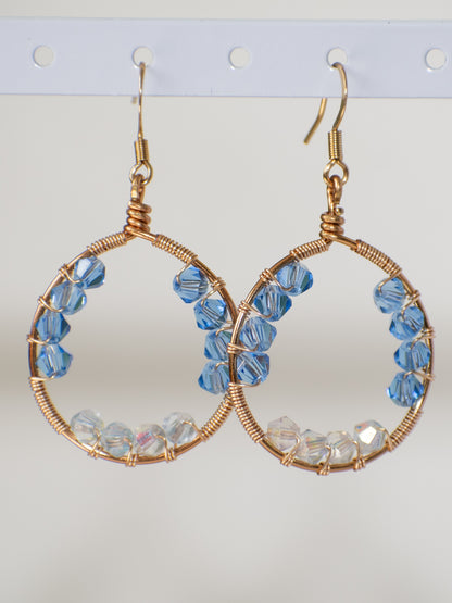 Blue Bell: Wire Wrapped Blue and Clear Crystal Glass Earrings