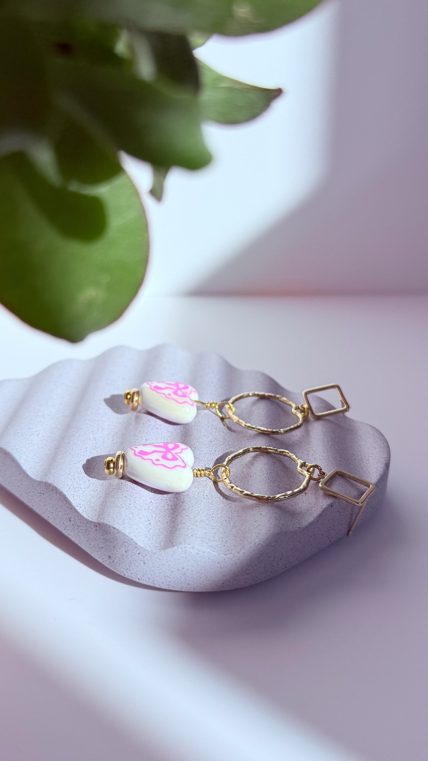Porcelain Heart Hand Painted 18k Gold Plated Drop Earrings