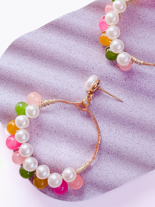 Double Wrapped Colourful Earrings with Pearl Stud, Summer & Spring Inspired