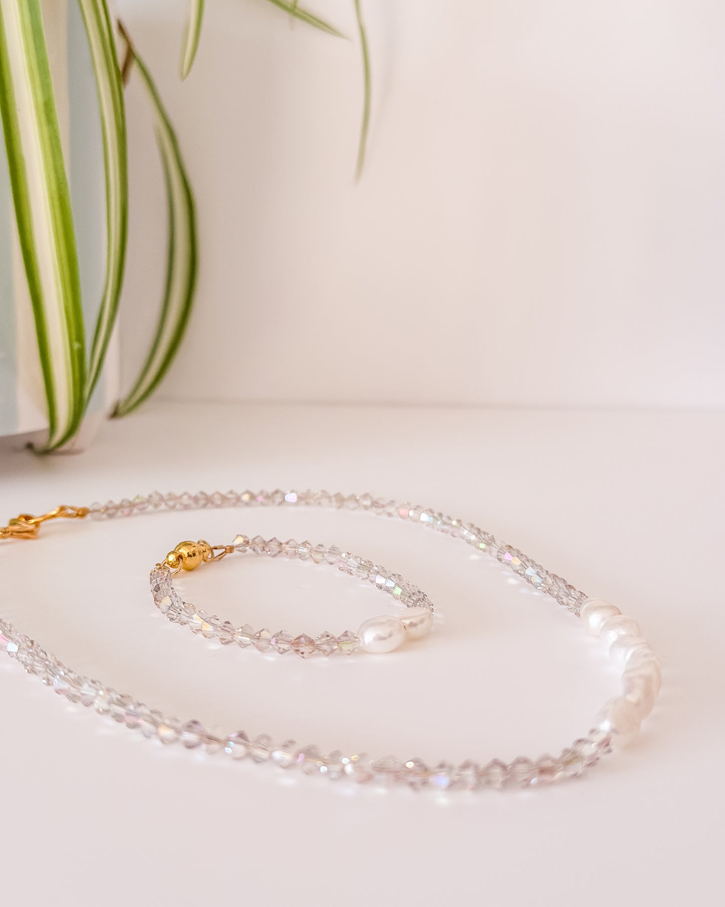 Bridal Shimmer Set - Necklace and Bracelet in 24k Gold Plated Sterling Steel & Glass