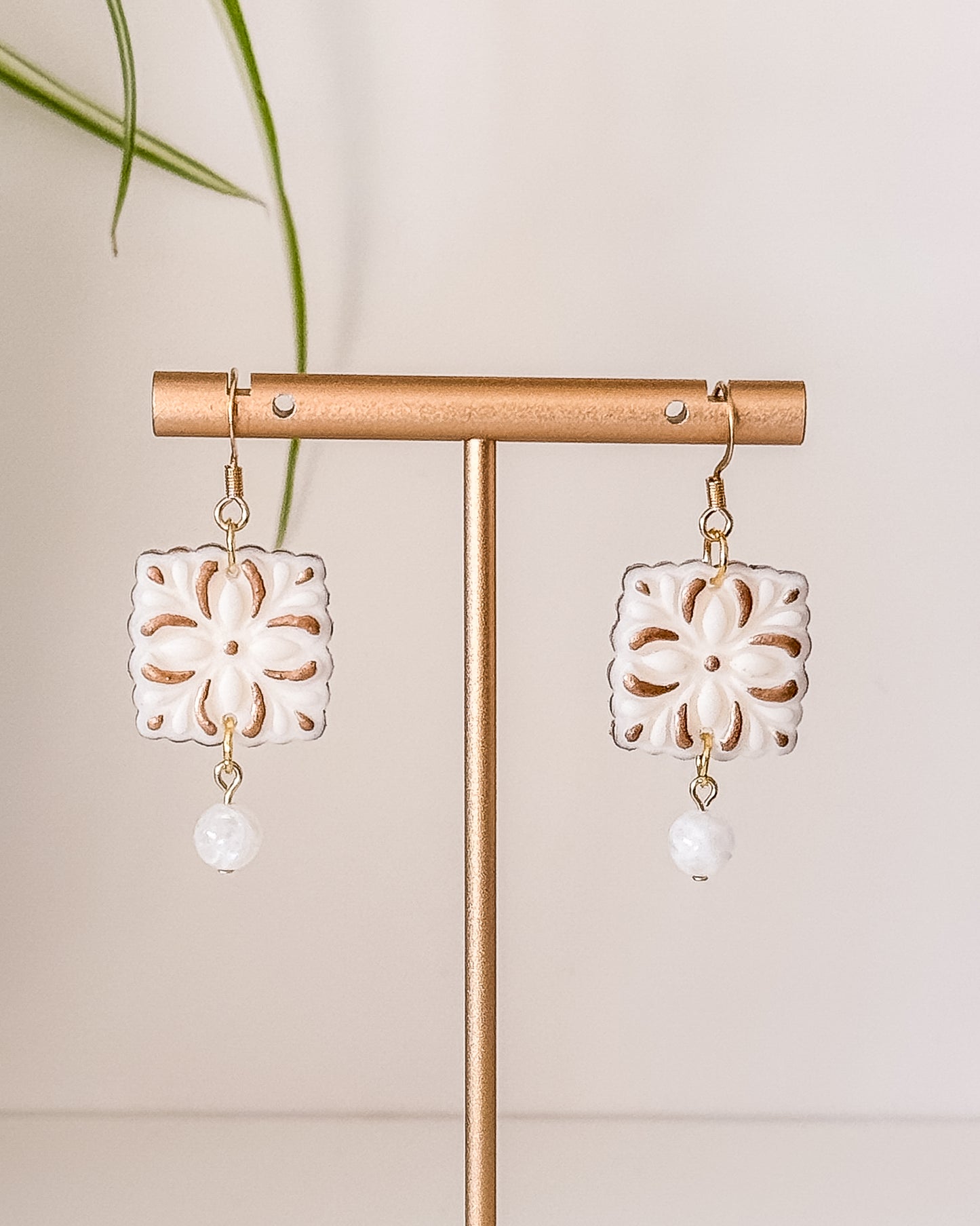 Art Deco Bridal Polymer Clay Earrings, 24k Gold Plated Sterling Steel