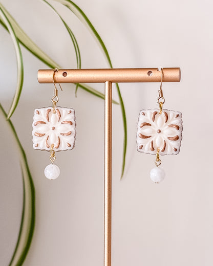 Art Deco Bridal Polymer Clay Earrings, 24k Gold Plated Sterling Steel