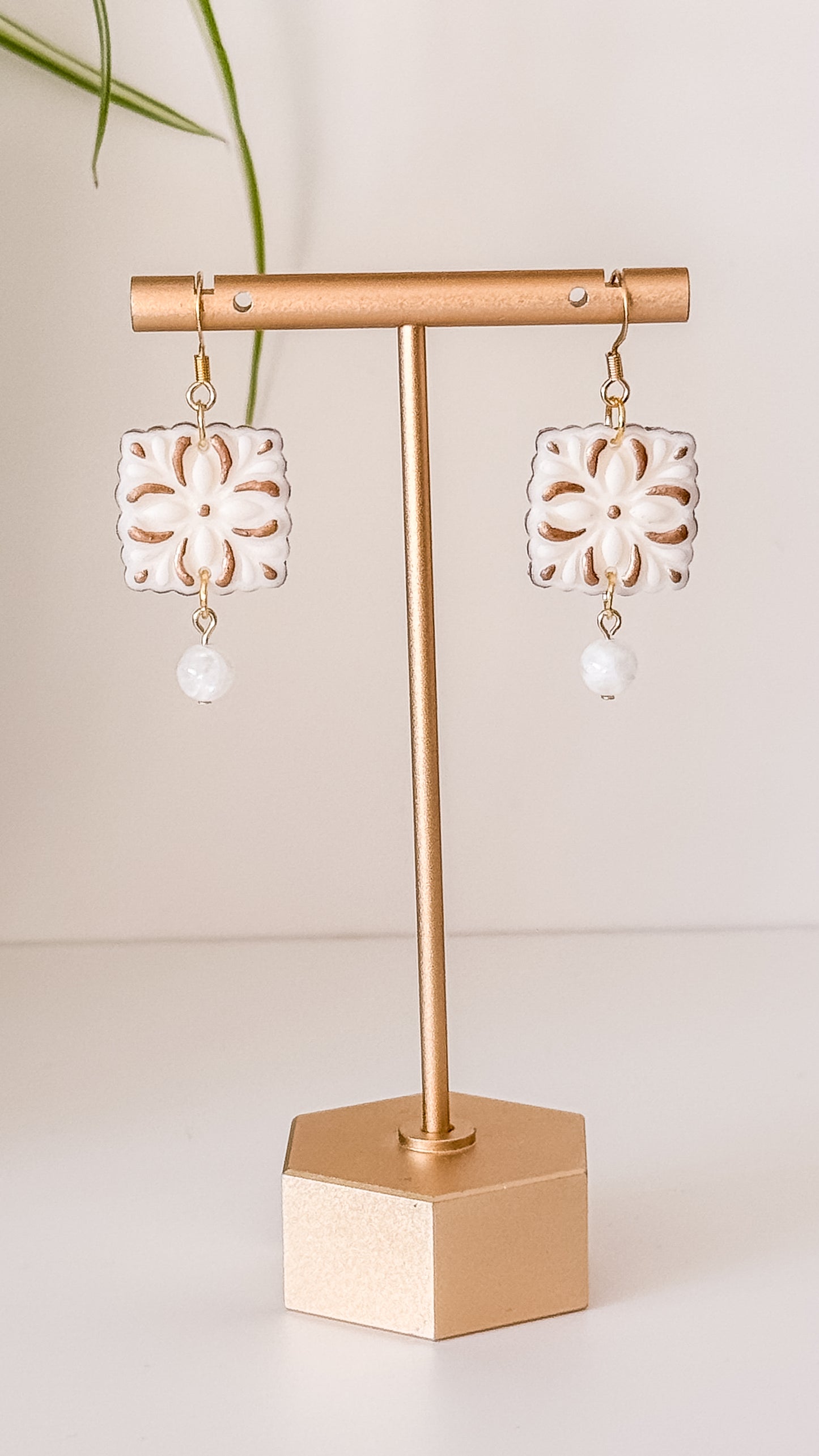 Art Deco Bridal Polymer Clay Earrings, 24k Gold Plated Sterling Steel