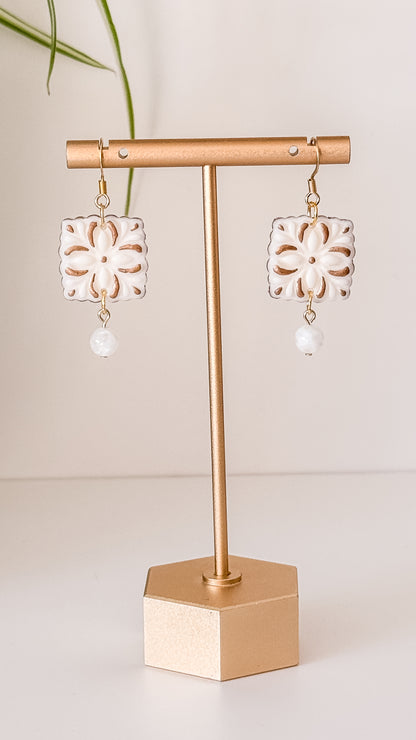 Art Deco Bridal Polymer Clay Earrings, 24k Gold Plated Sterling Steel