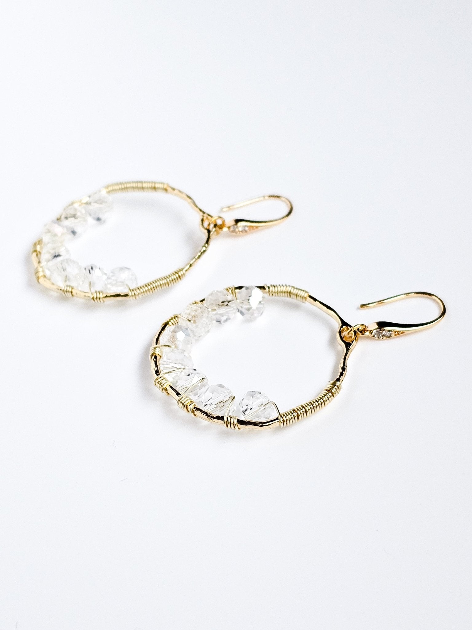 Circe, Wire Wrapped 18K Gold Plated Cubic Zirconia Hook Earrings - Opal and Thread