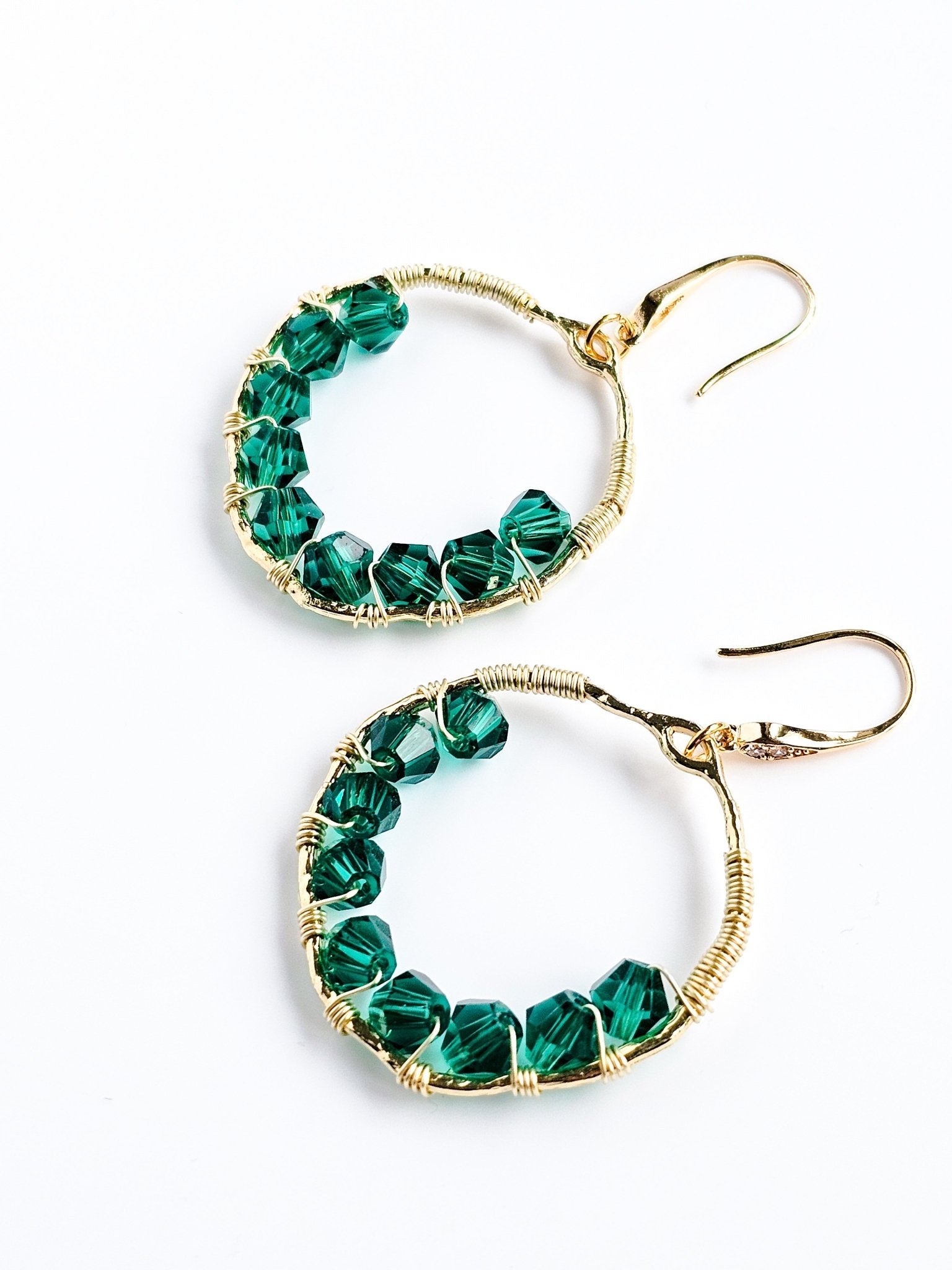 Circe, Wire Wrapped 18K Gold Plated Cubic Zirconia Hook Earrings - Opal and Thread