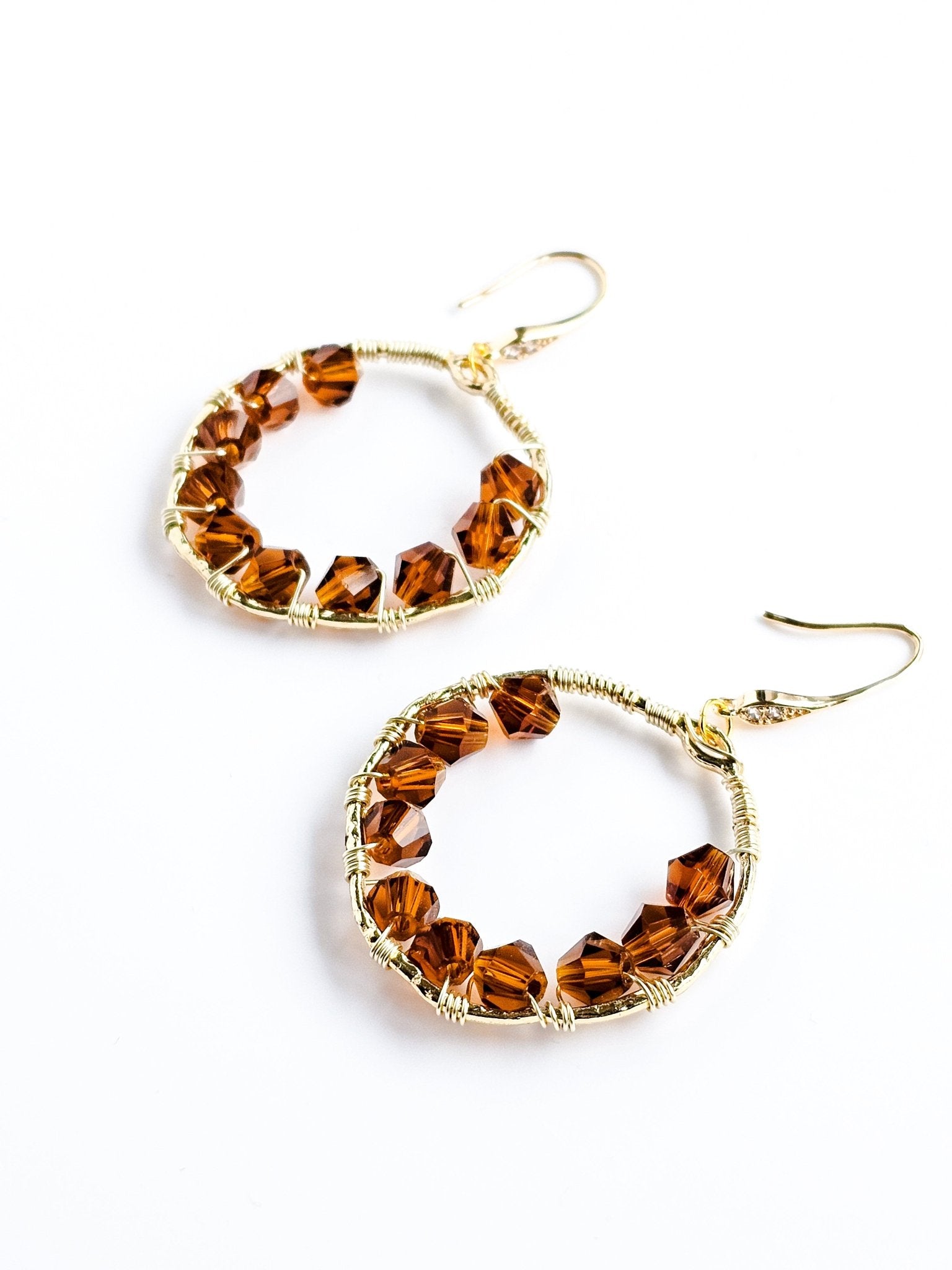 Circe, Wire Wrapped 18K Gold Plated Cubic Zirconia Hook Earrings - Opal and Thread